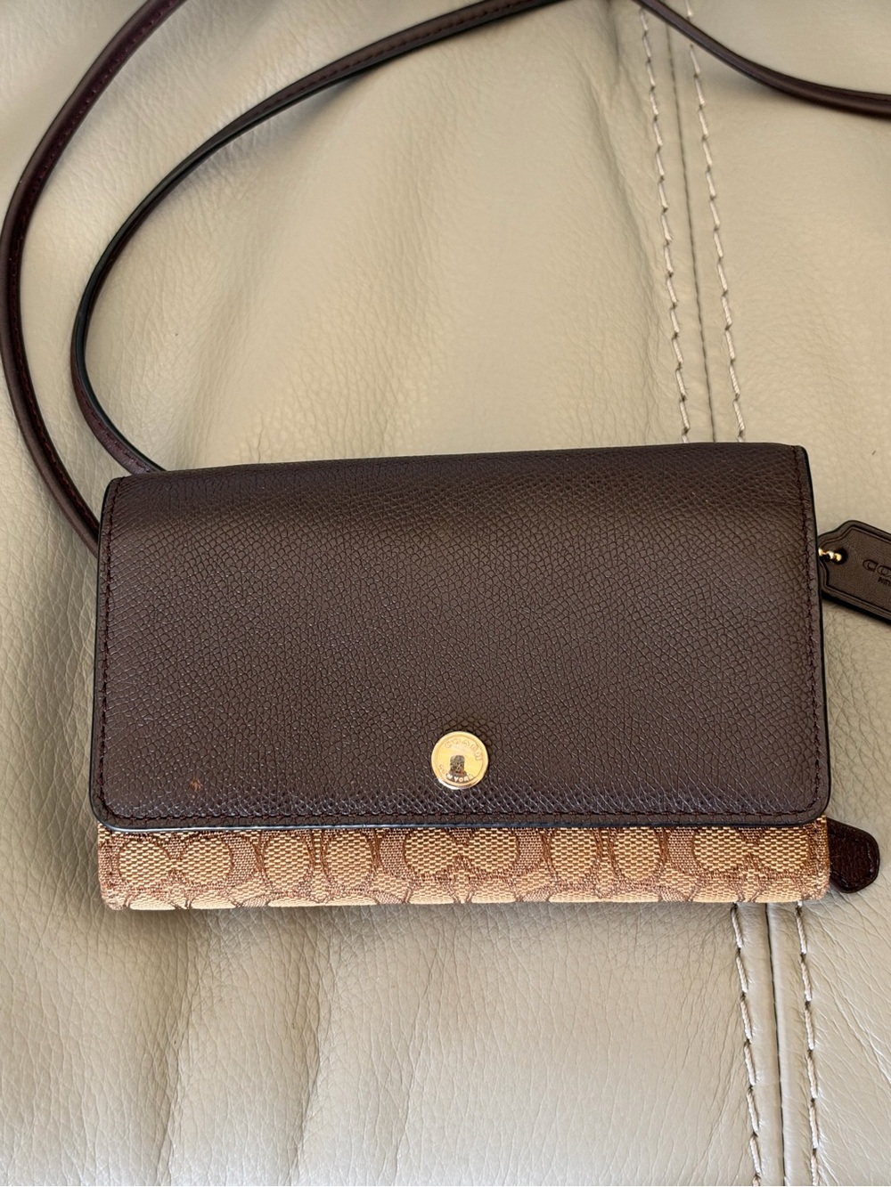 Coach Brown Leather and Signature Canvas Crossbody Wallet